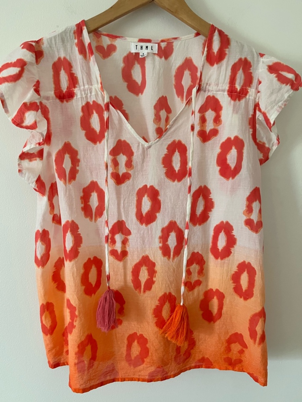THML White, Orange, & Pink Ombré Kiss Tassel Flutter Sleeve Cotton Summer Blouse